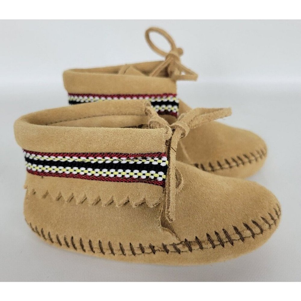 Minnetonka Moccasins 1101‎ - Infants Braid on Cuff Bootie Tan Suede Leather sz 5